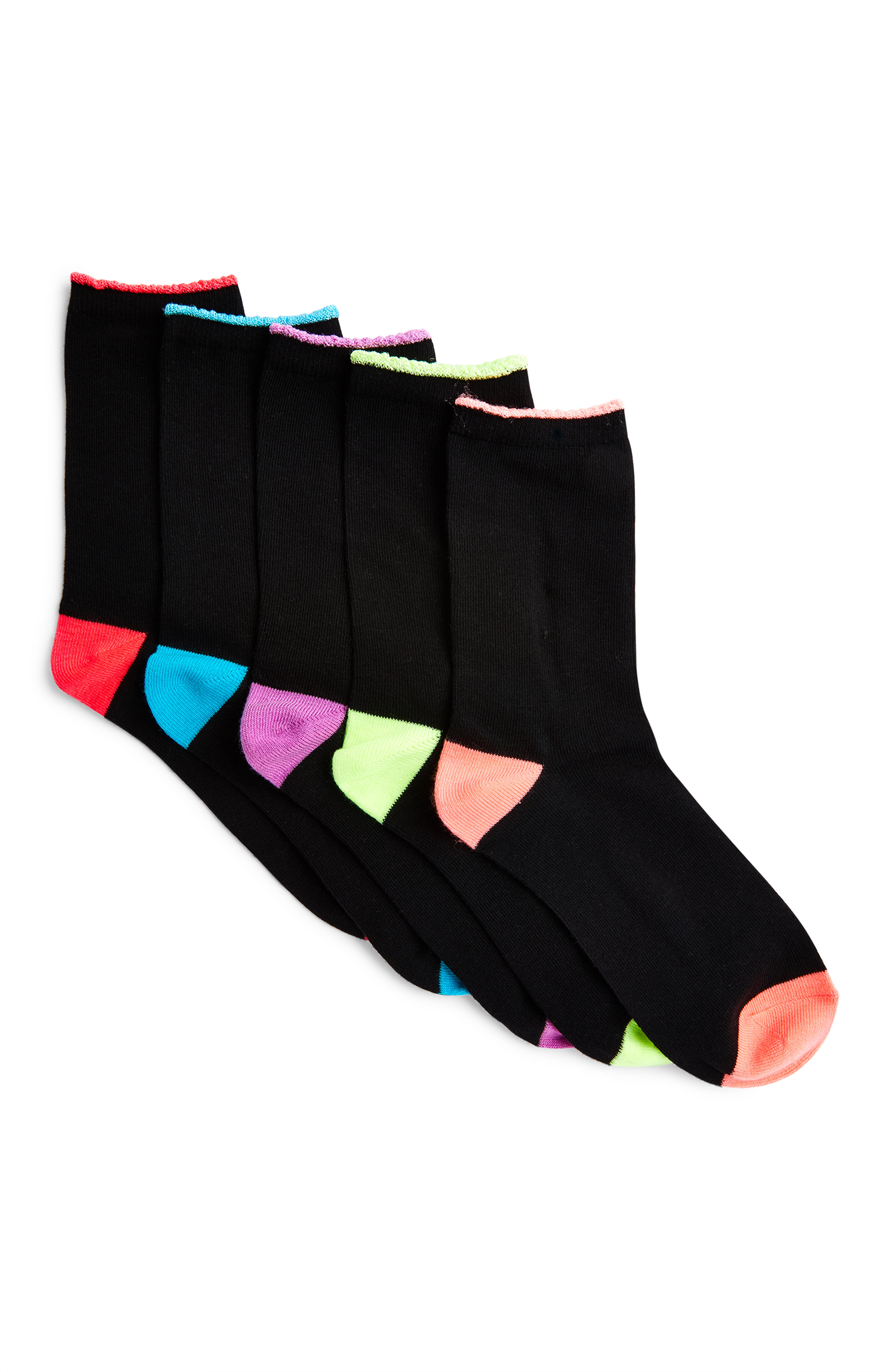 Black Colour Contrast Crew Socks 5 Pack Women's Socks & Tights