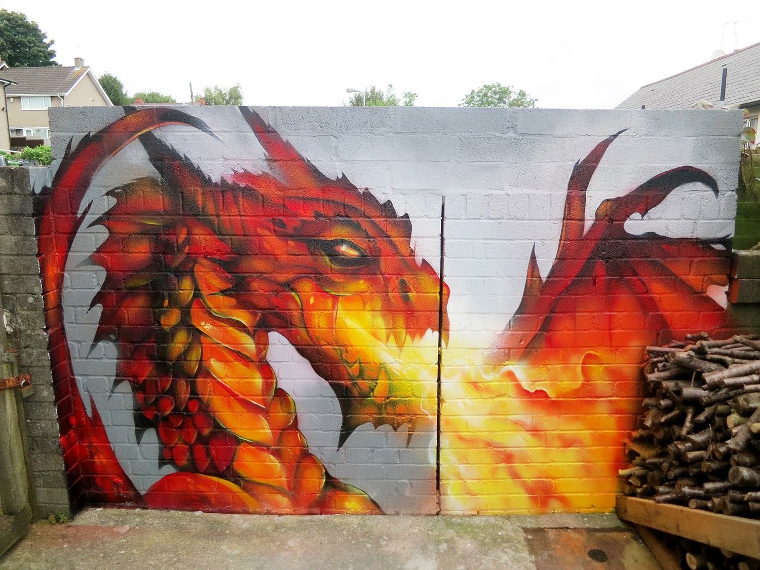 Fire Breathing Graffiti Street Art Murals, Cardiff, Wales UK