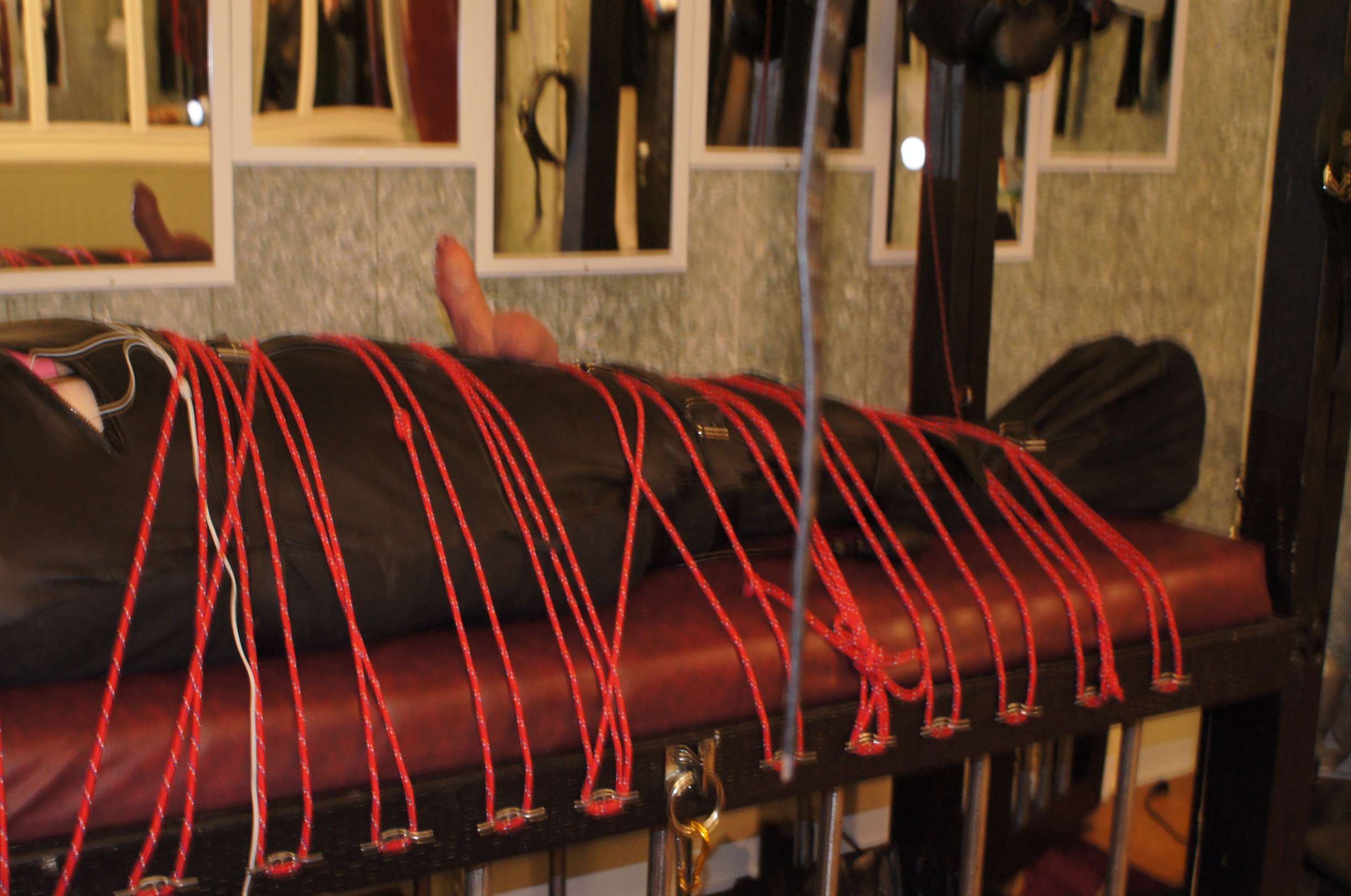 Leather Sleep Sack Laced to the Bondage Bed Dominatrix