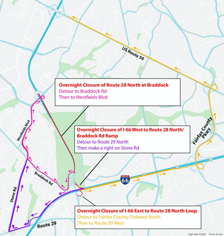 Extended Overnight Closures of Route 28 Between Braddock Road and Westfields Boulevard Prince