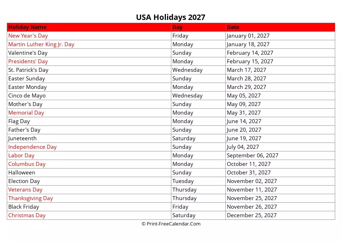 USA Holidays 2027
