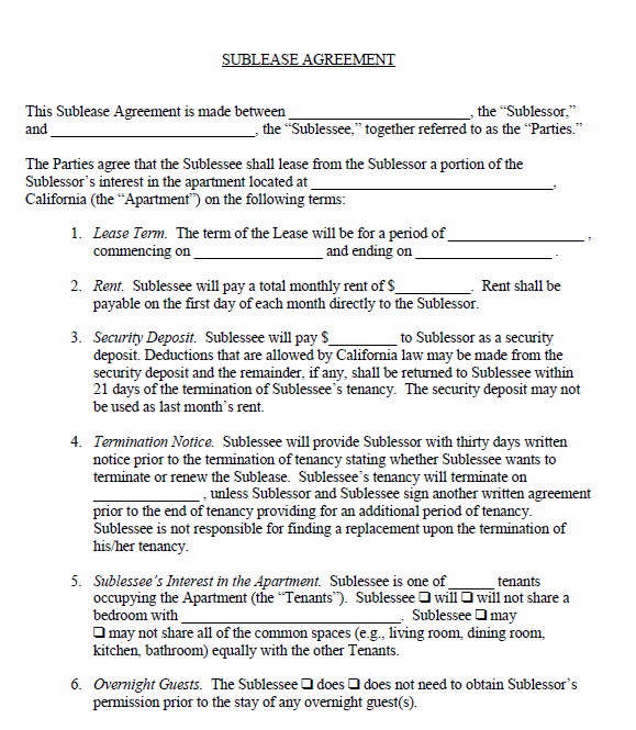 Free Printable Sublease Agreement Printable Agreements