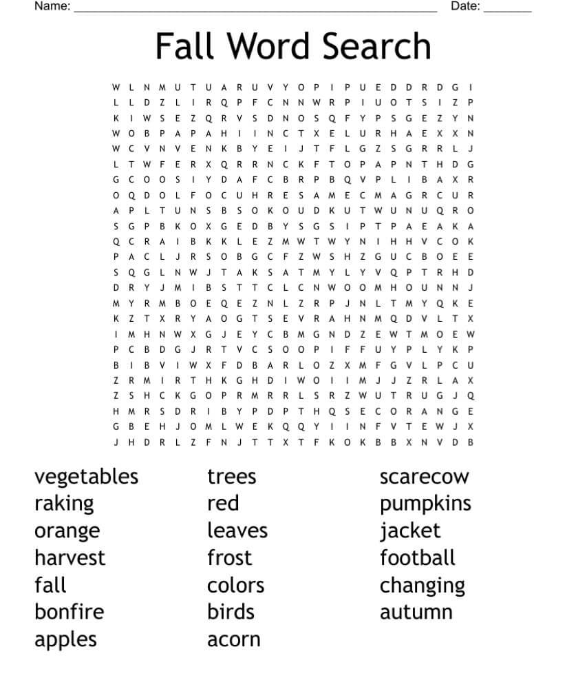 Printable Fall Word Search Worksheet 2 Free download and print for you.