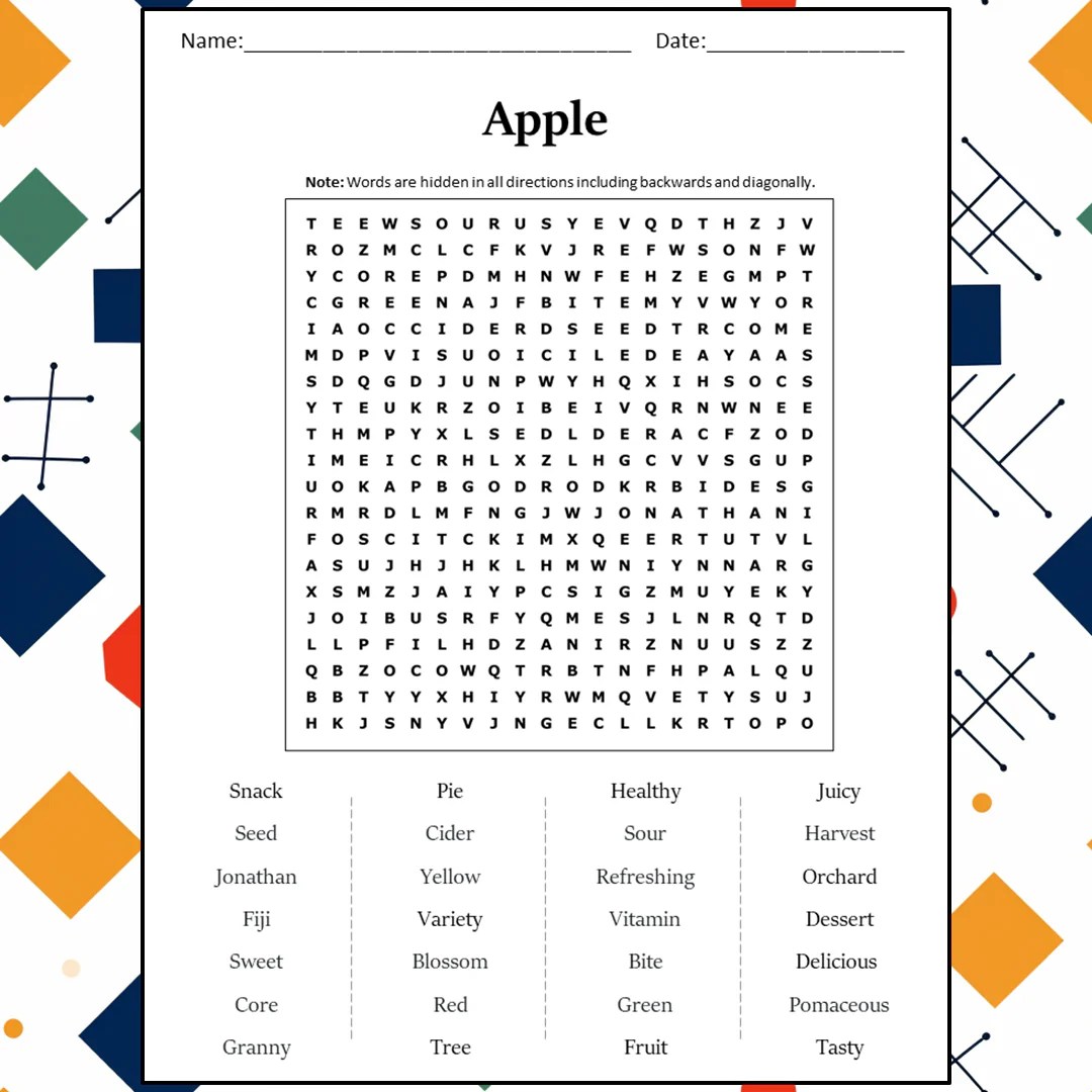 Apple Word Search Puzzle Worksheet Activity PDF – PrintableBazaar