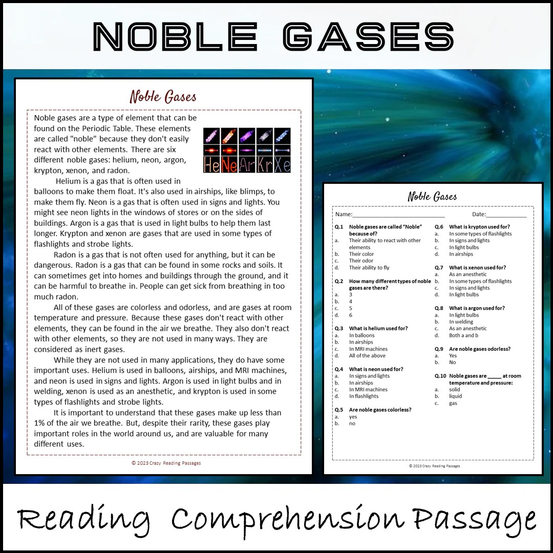 Noble Gases Reading Comprehension Passage and Questions Printable PD