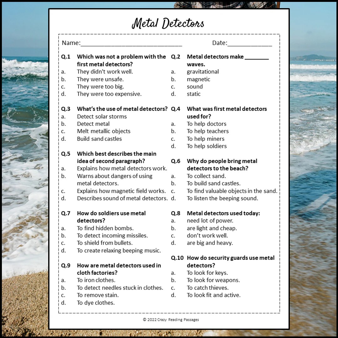 Metal Detectors Reading Comprehension Passage and Questions Printabl