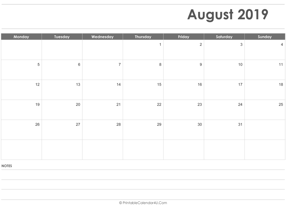August 2019 Calendar Templates
