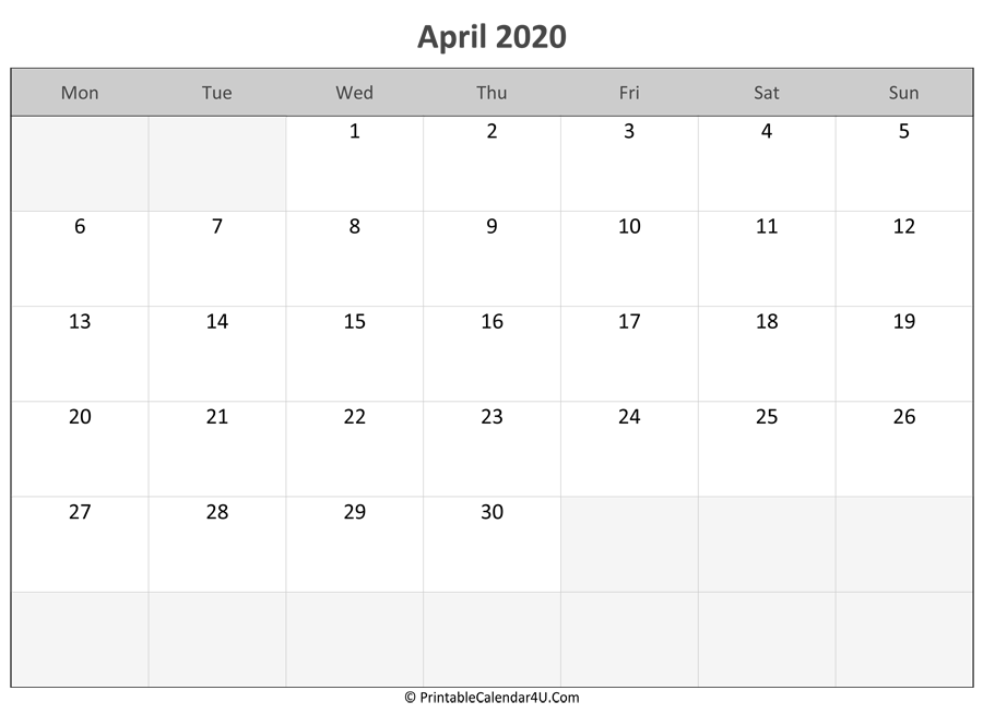 April 2020 Calendar Templates