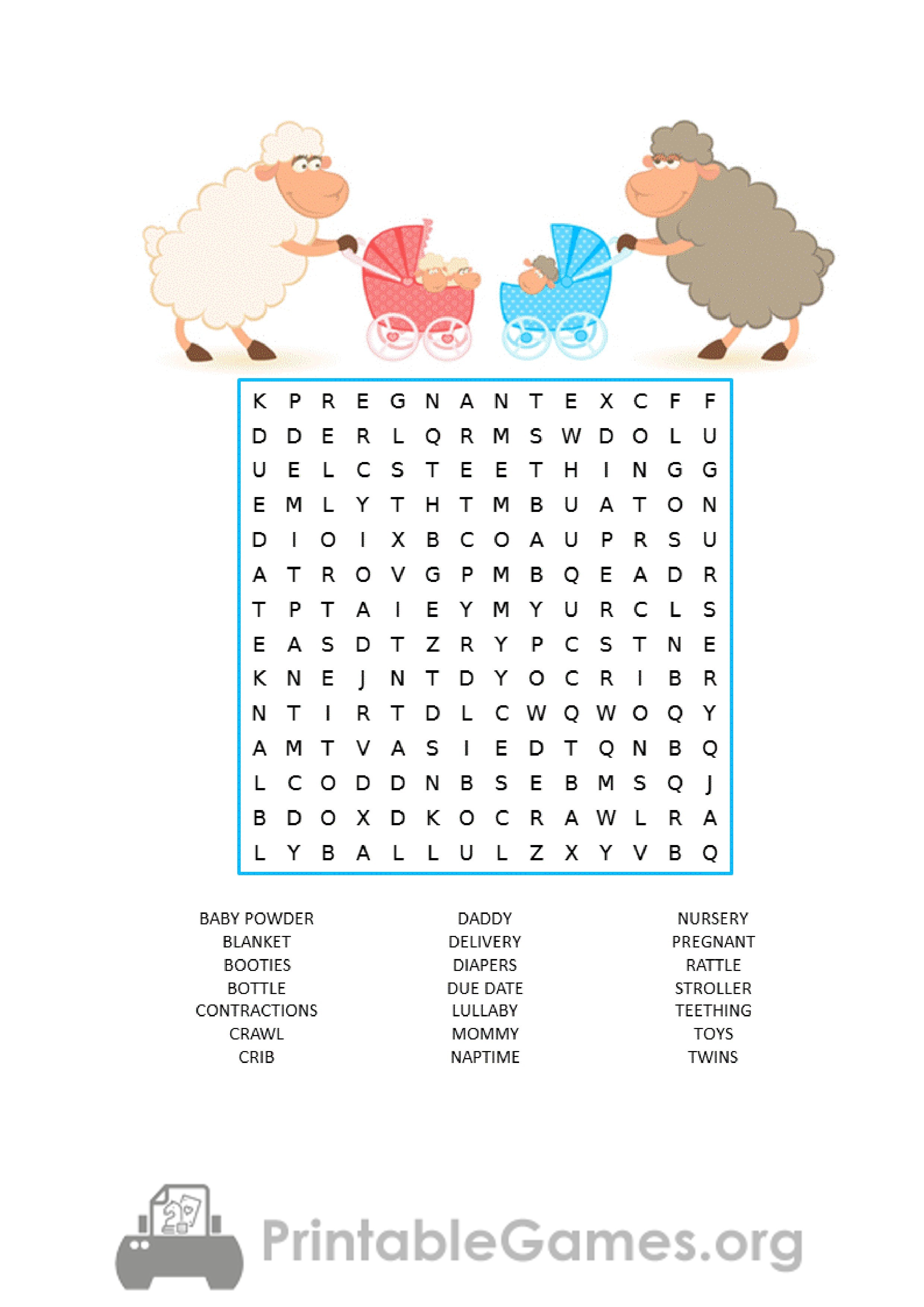 Gender Neutral Baby Shower Basic Word Search with Answer