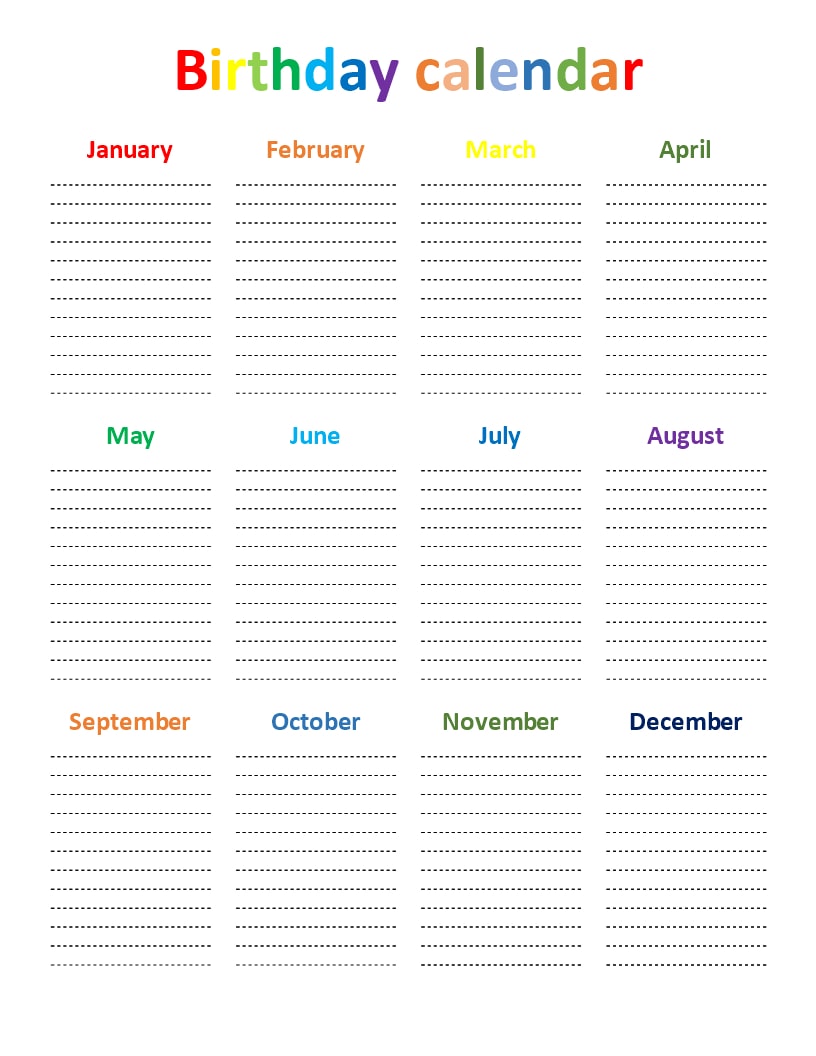 Printable Birthday Chart - Printable JD