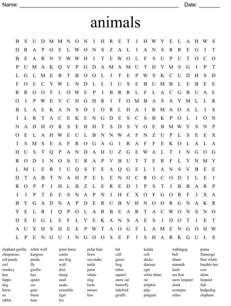 Printable Animal Word Search PrintableLib