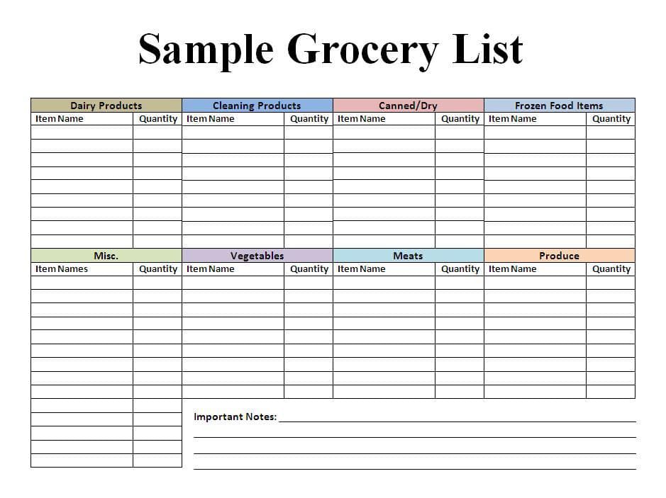 Printable Grocery List Sample Free download and print for you.