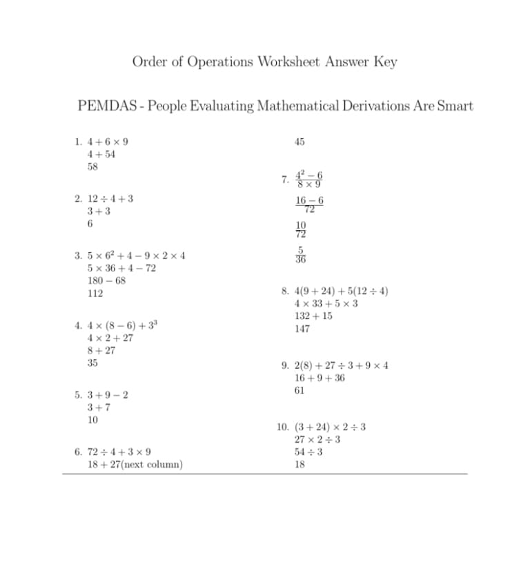 Printable Order Of Operations Answer Key – Free download and print for you.