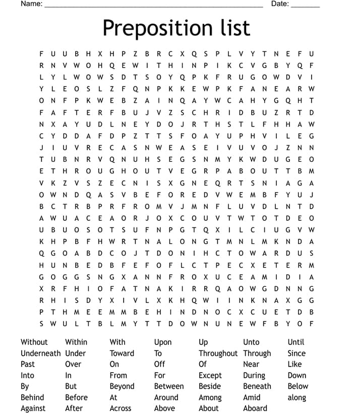 Printable Prepositions List – PrintableLib