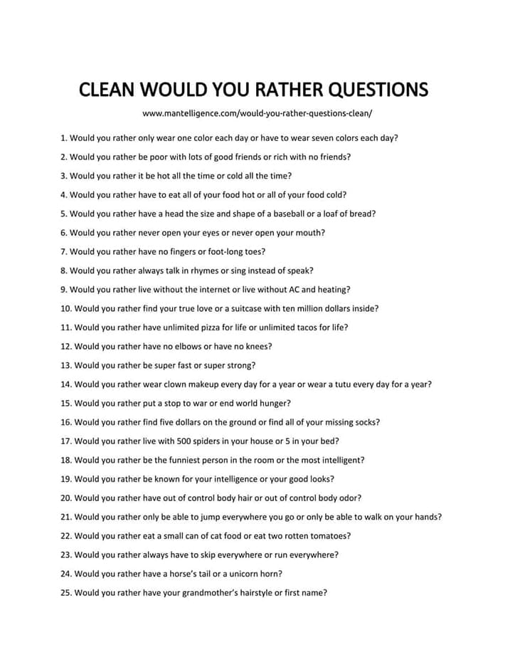 Printable 100 Would You Rather Questions – Free download and print for you.