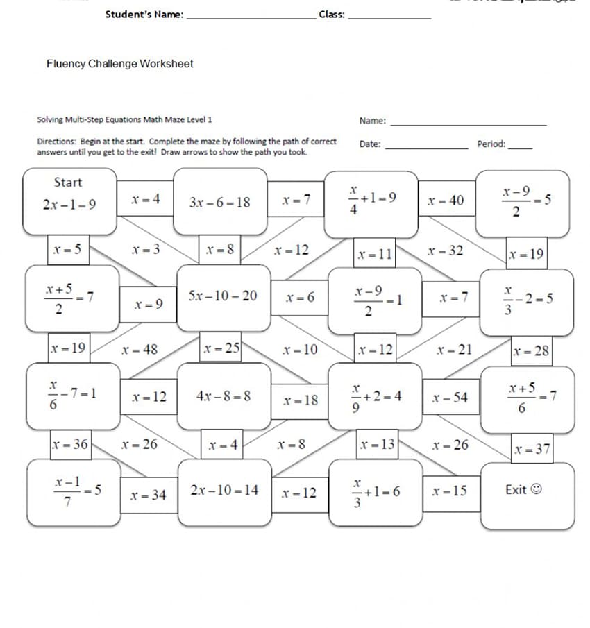 Printable Multi Step Equations Maze Worksheet Answers – Free download