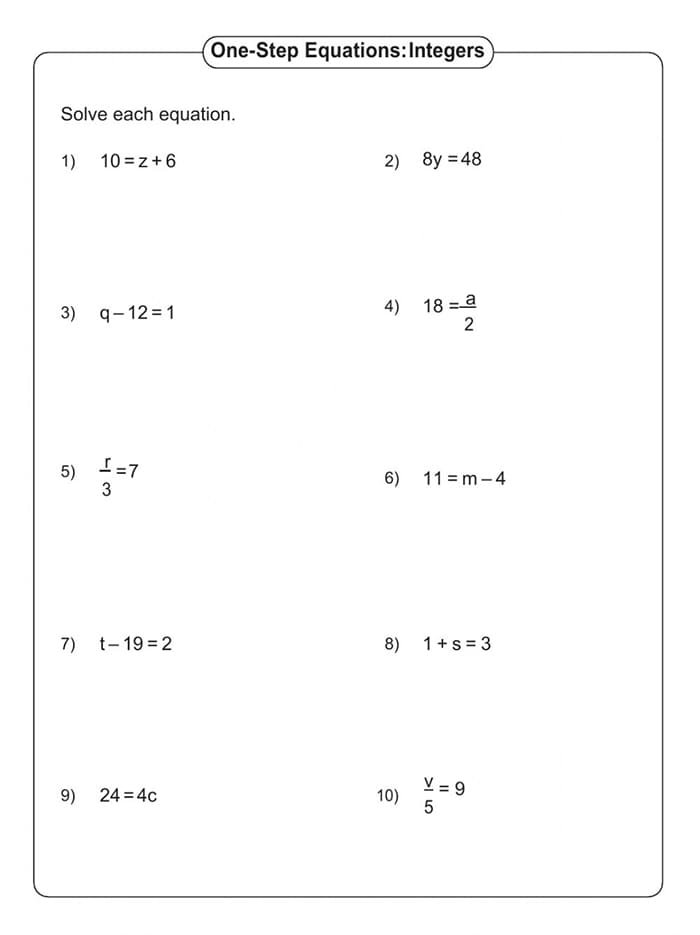 Printable One Step Equations Worksheet With Integers – Free download