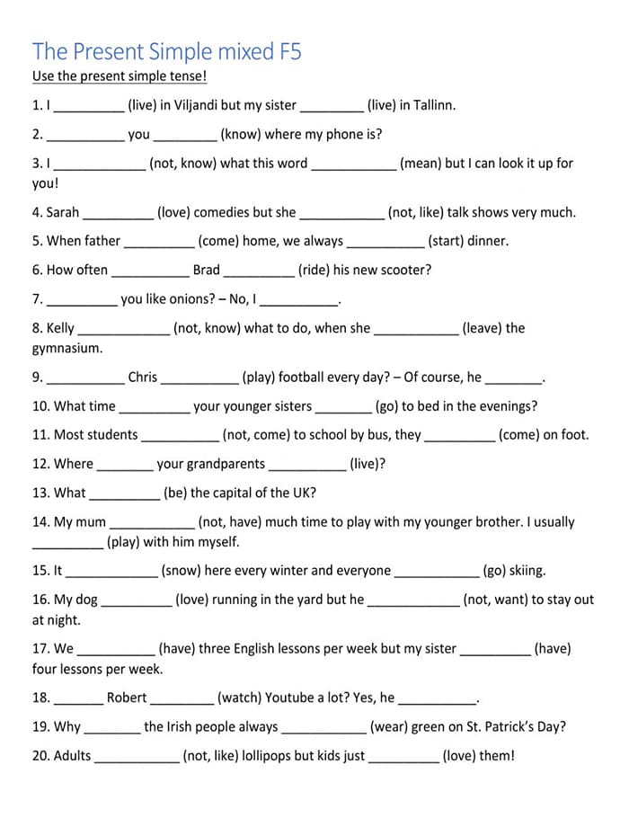 Printable Simple Present Tense Mixed Exercises Worksheets – Free