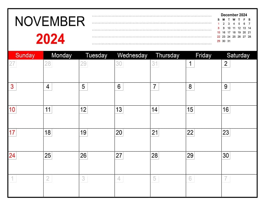 Printable Free November 2024 Calendar Free download and print for you.