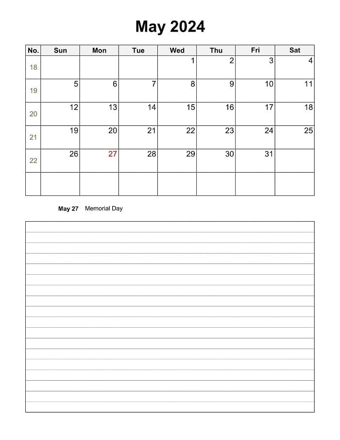 Printable May 2024 Calendar Notes Vertical – Free download and print