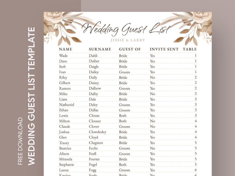 Printable Guest List Template Picture Free Free download and print