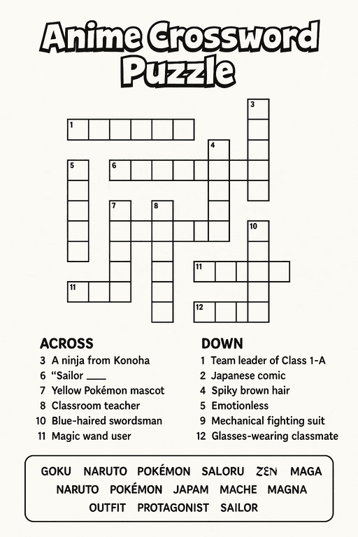 Printable Anime Crossword Puzzles Printablelib