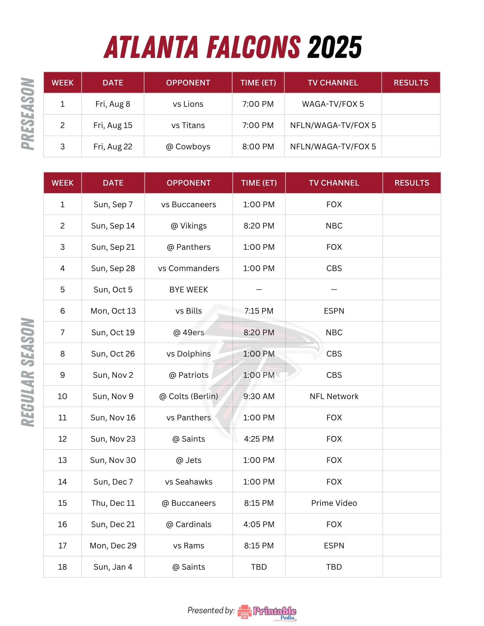 2025 Atlanta Falcons Schedule Free Printable PDF, TV Channels