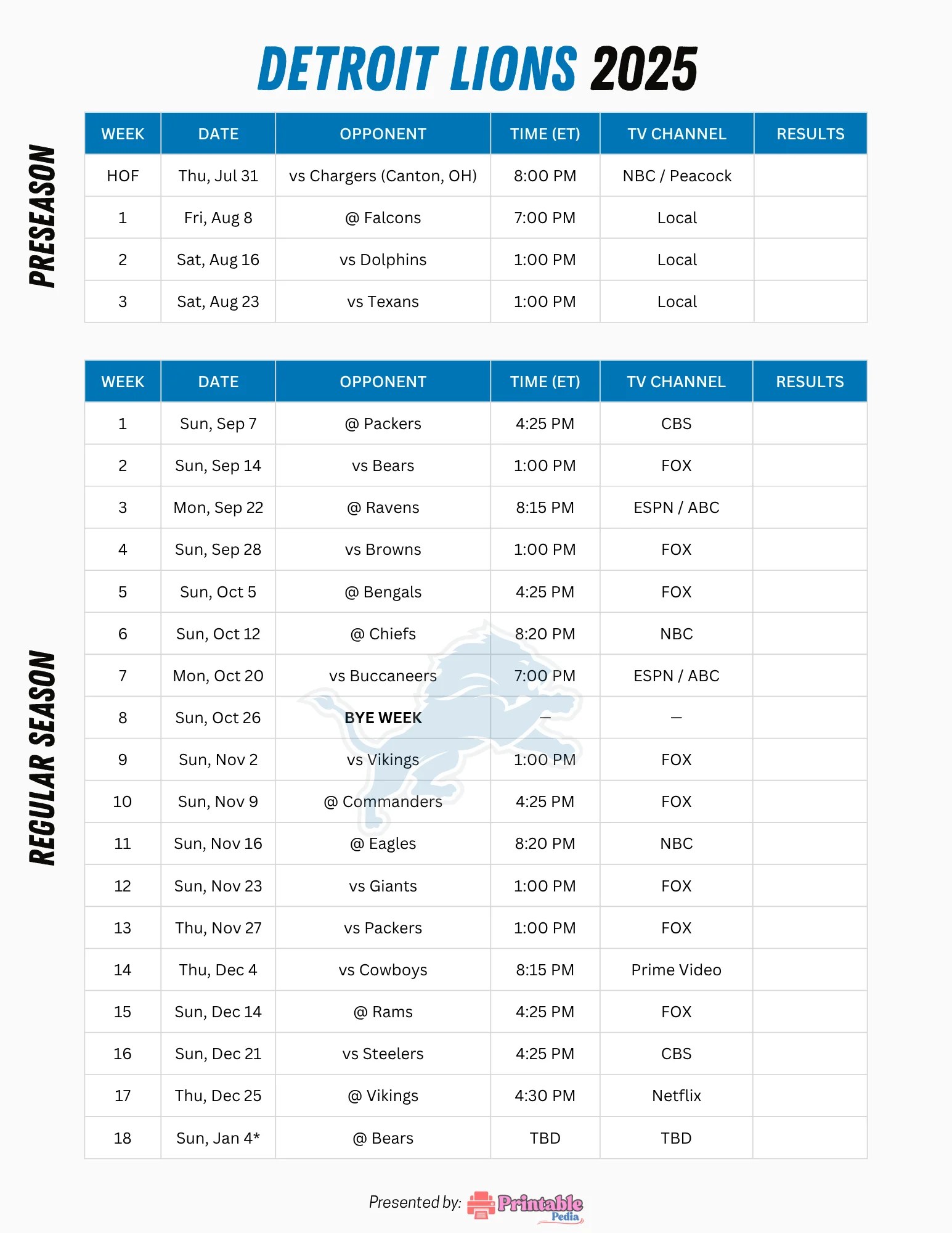 2025 Detroit Lions Schedule Free Printable PDF, Key Matchups & How to