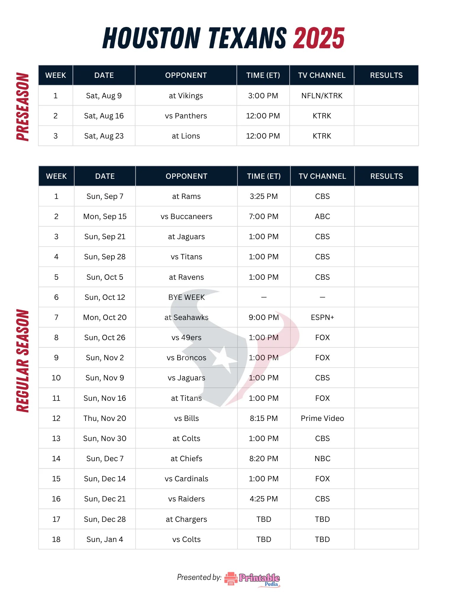 2025 Houston Texans Schedule Free Printable PDF, TV Info & Key Matchups