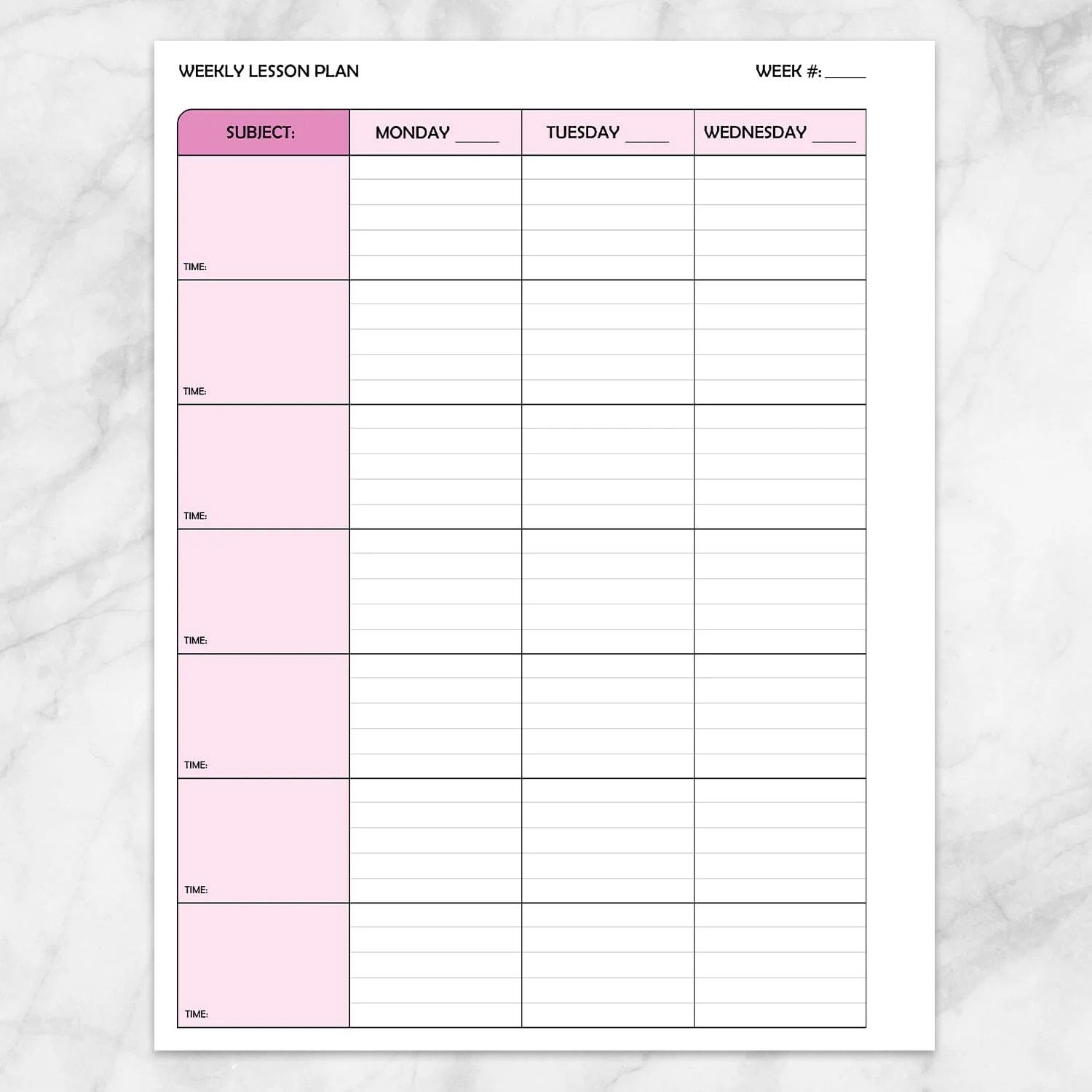 Pink Weekly Lesson Plan for Teachers, School Planning Pages Printable
