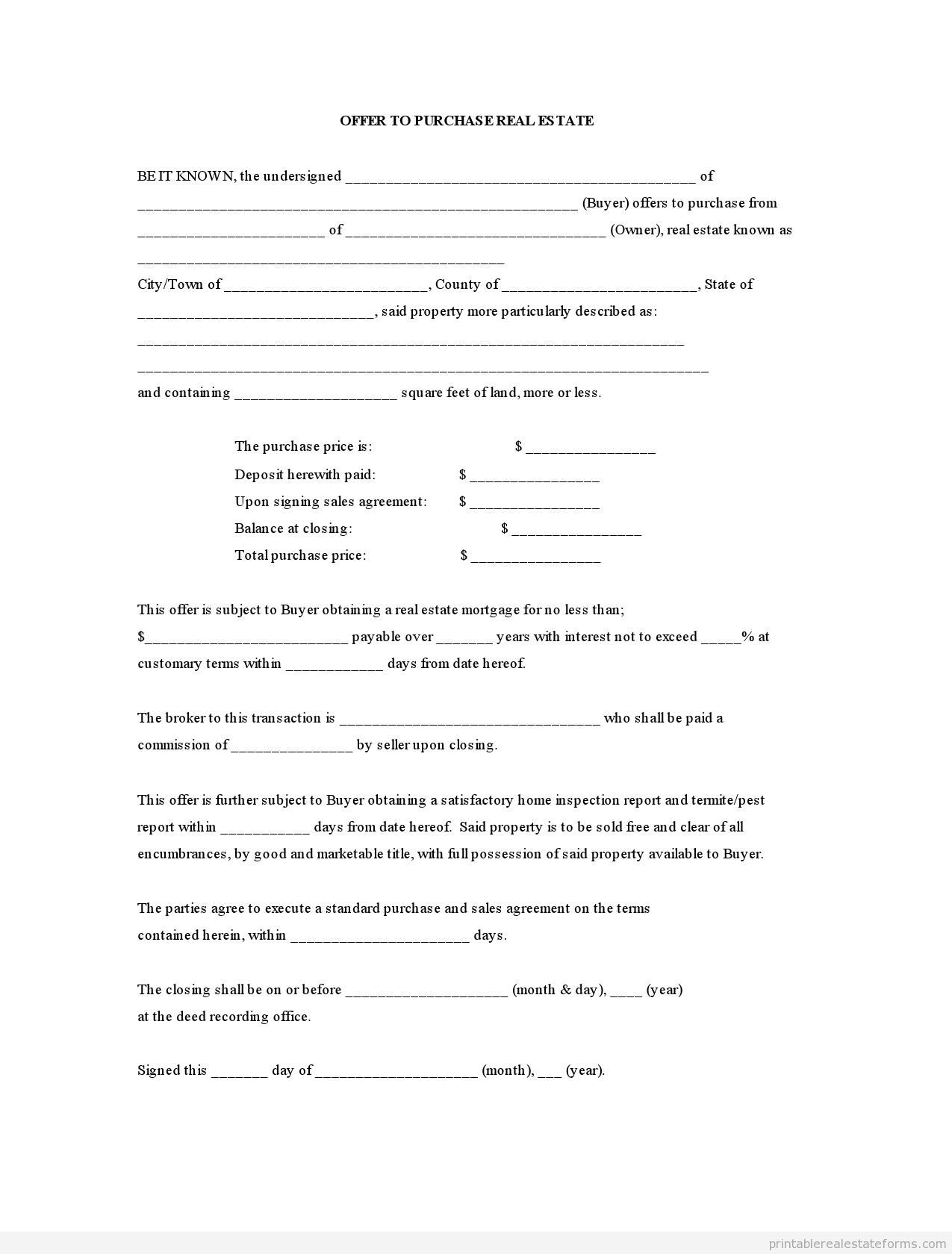 Free Printable Offer To Purchase Real Estate Form (PDF)