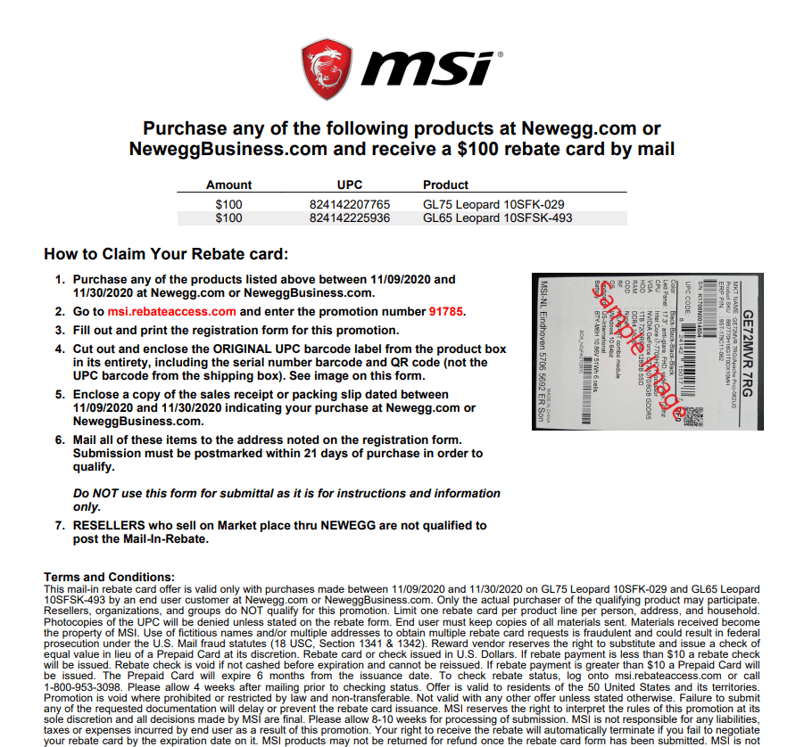 MSI Rebate Form Printable Rebate Form