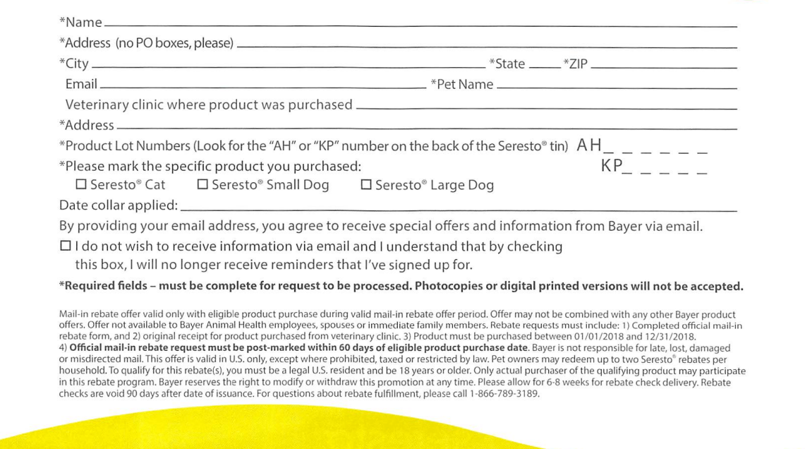 Seresto Rebate Form PDF Printable Rebate Form