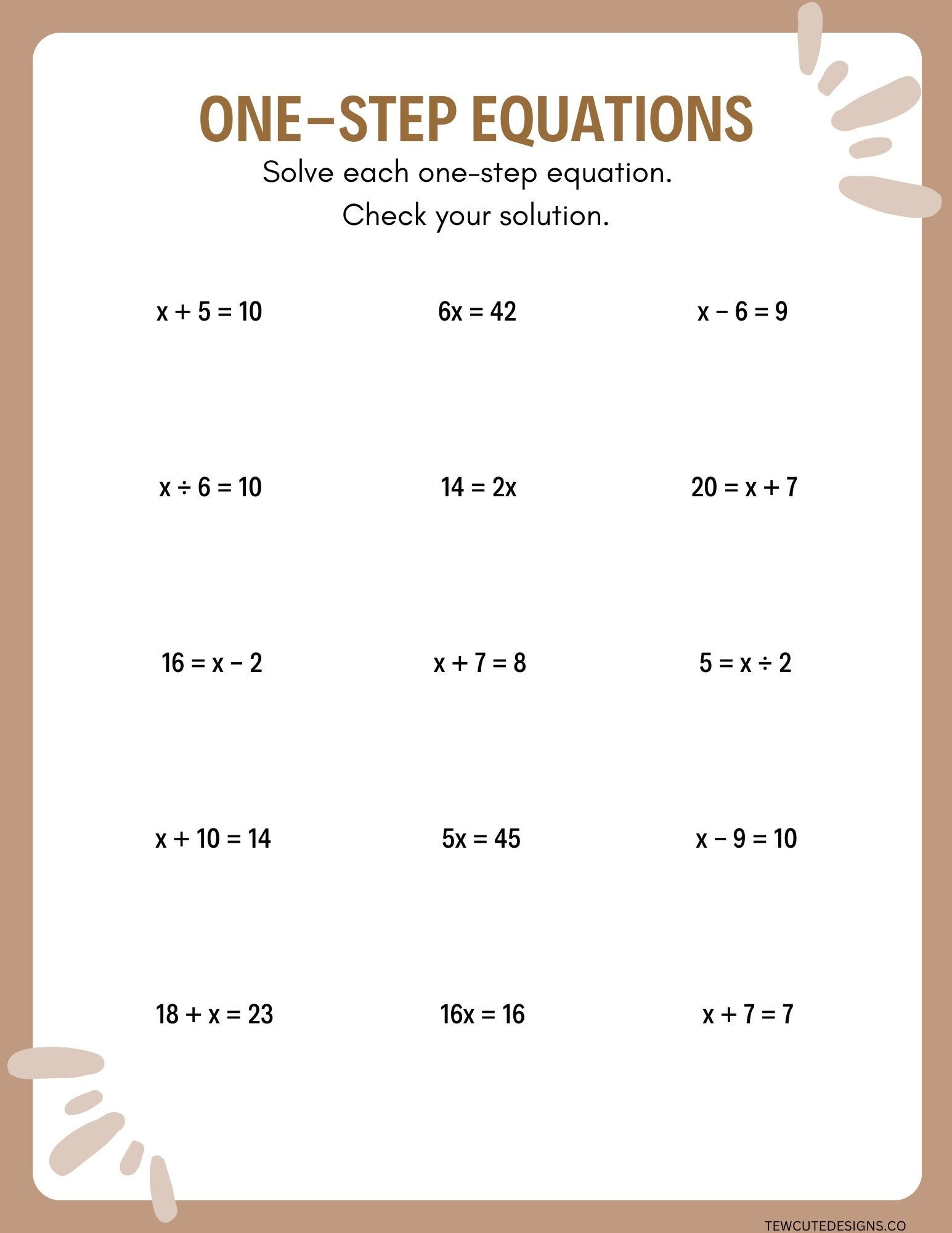 1 Step Equations Worksheet Printable File