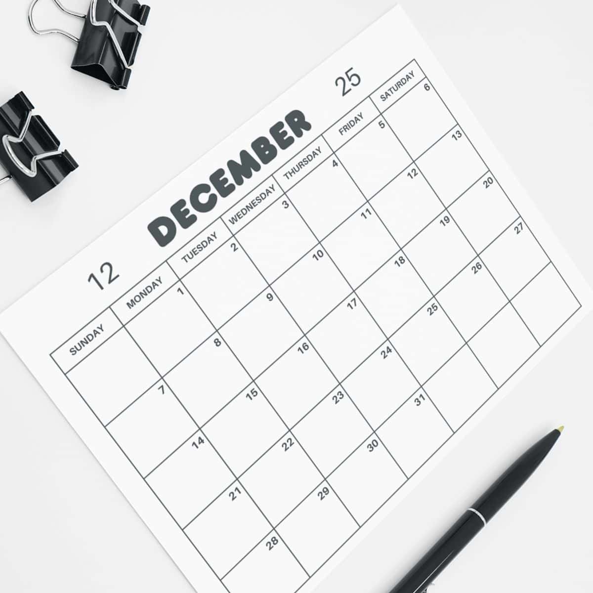 Free Printable Calendar December 2026 PDF