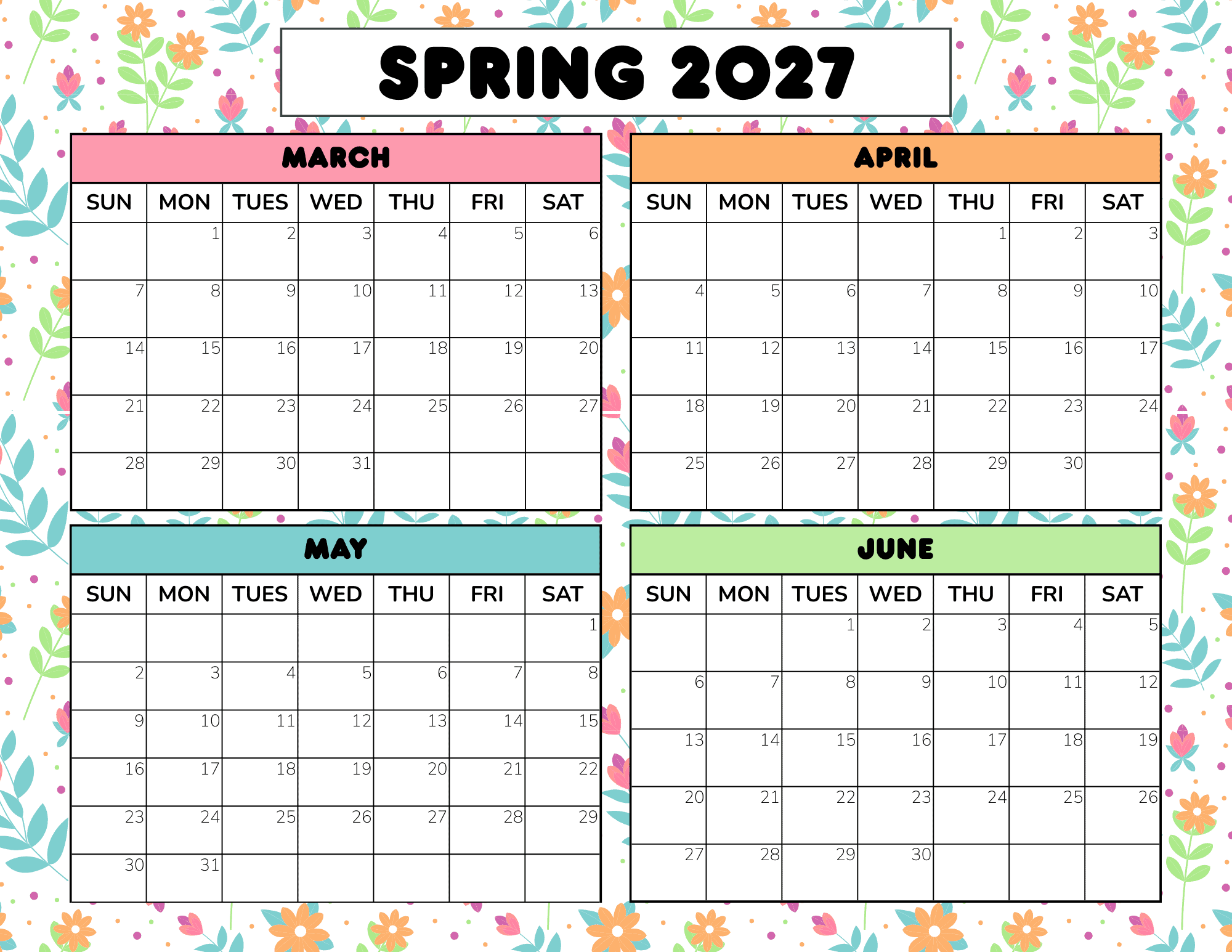 Free Spring Calendar Printable 2026 & 2027 PDF