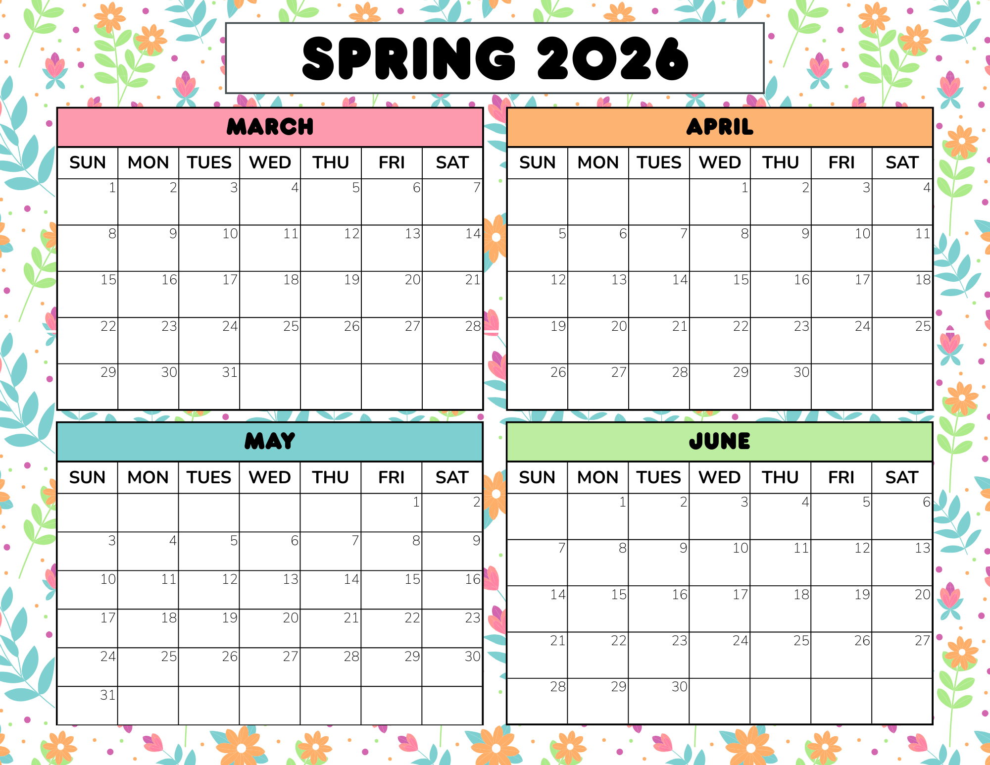 Free Spring Calendar Printable 2026 &amp; 2027 PDF
