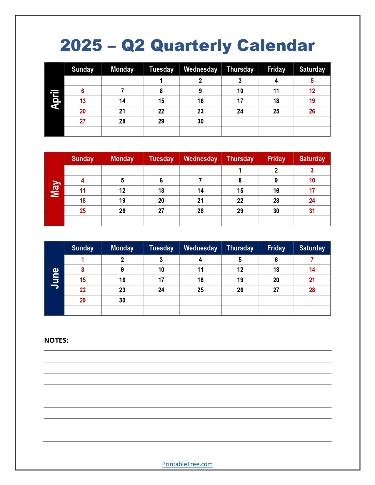 Q2 Quarterly Calendar 2025 Printable PDF Templates