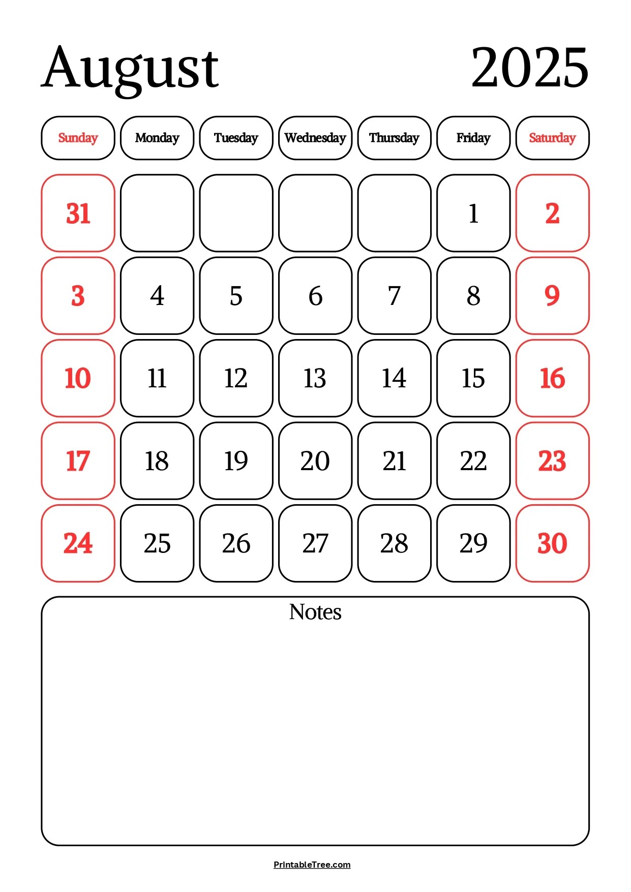 Vertical Calendar August