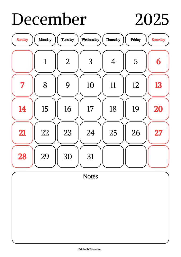 December 2025 Calendar Printable PDF Template with Holidays