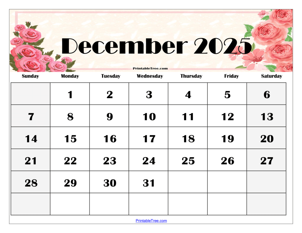 December 2025 Calendar Printable PDF Template with Holidays