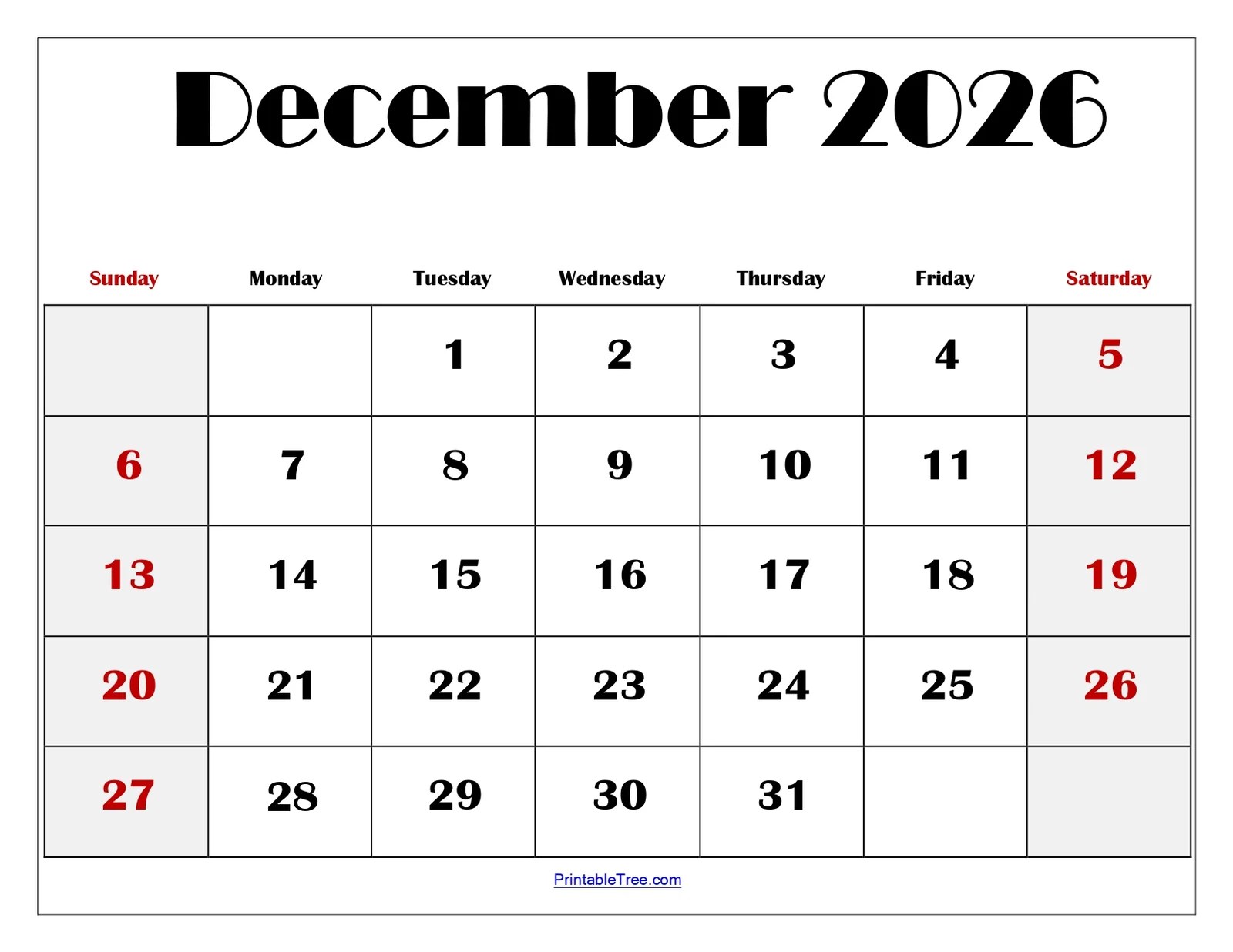 December 2026 Calendar Printable PDF with Holidays Templates