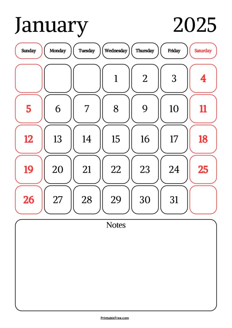 January 2025 Calendar Printable PDF Template with Holidays
