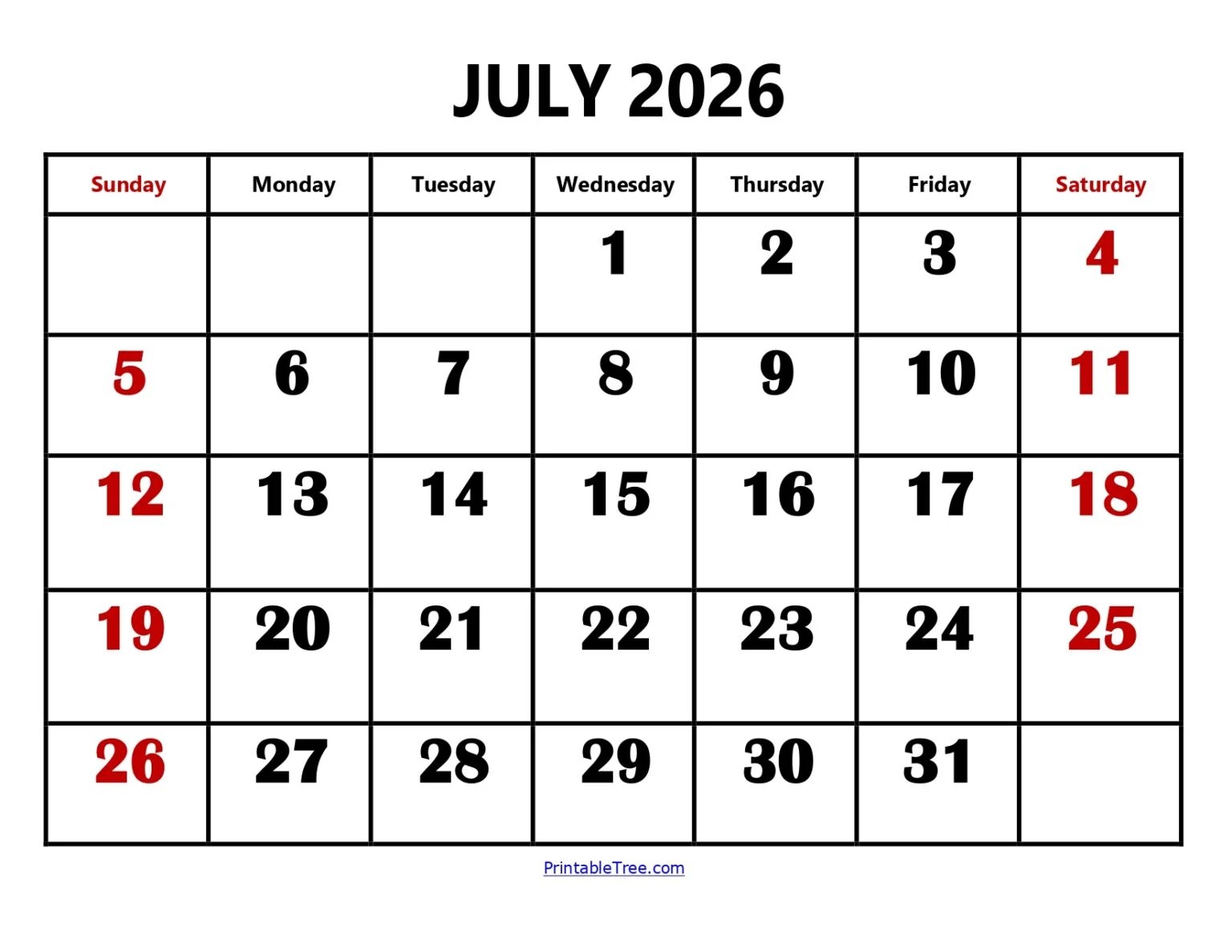 Free July 2026 Calendar Printable PDF with Holidays Template