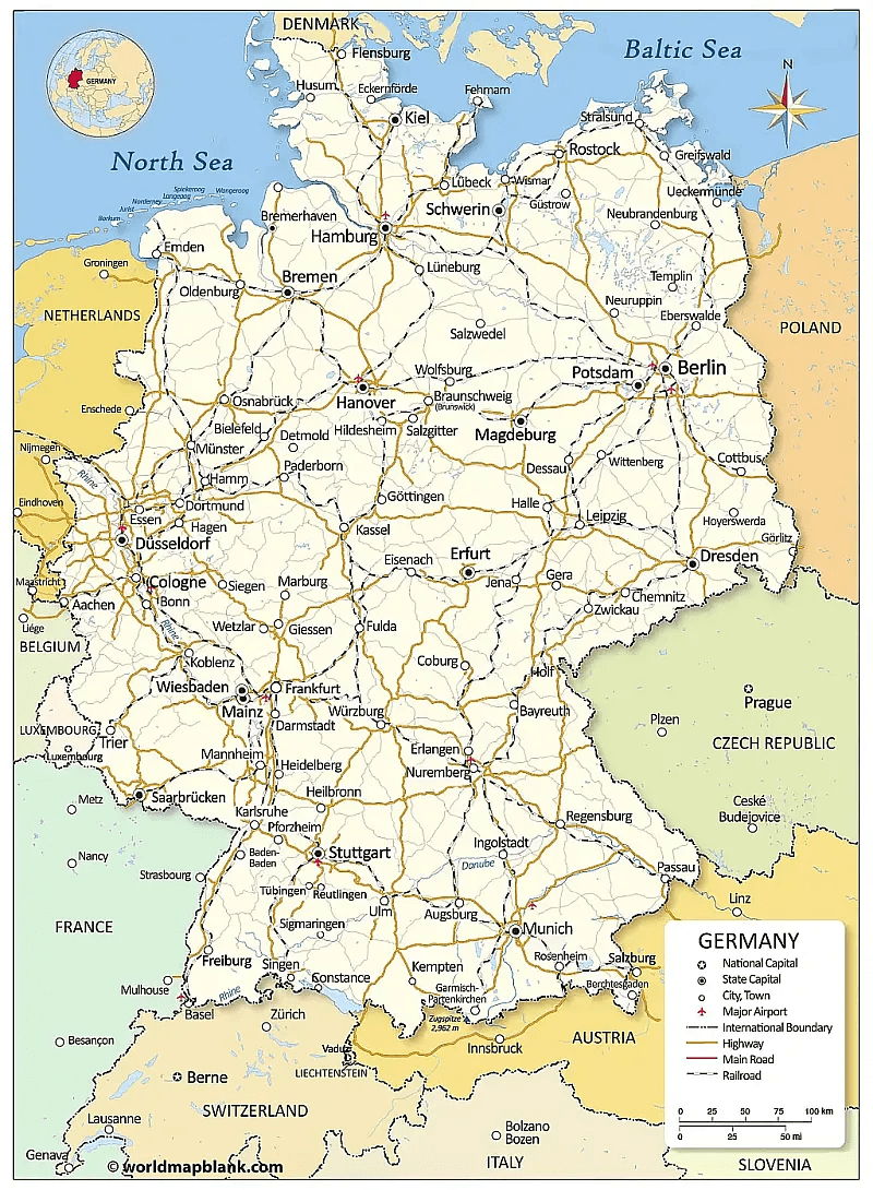 Political Germany Map – Map of Germany with Cities [PDF] - Printable
