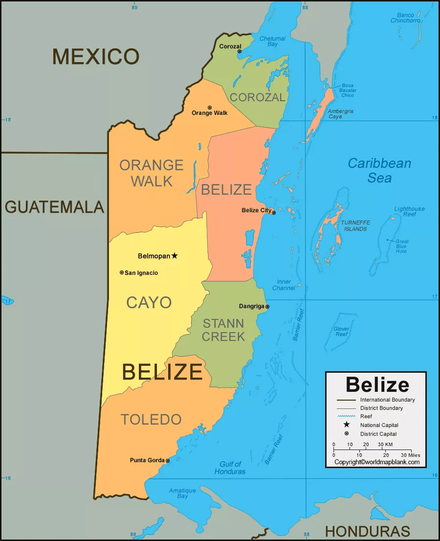 Labeled Map of Belize with States, Capital & Cities Printable World Maps