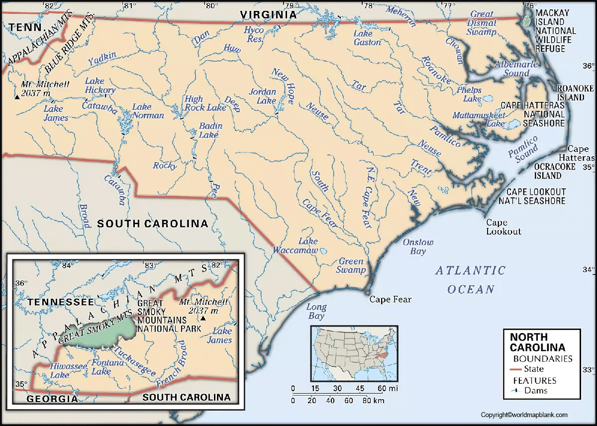 Labeled Map of North Carolina with Capital & Cities - Printable World Maps
