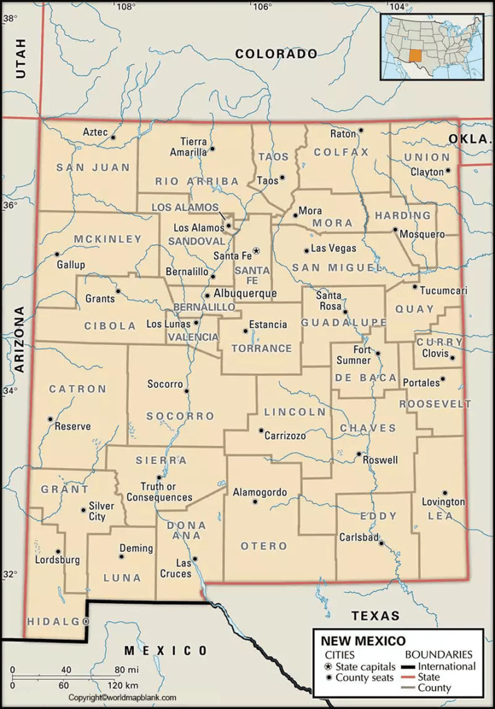 Labeled Map of New Mexico with Capital & Cities Printable World Maps