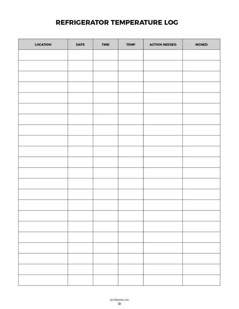 FREE Refrigerator Temperature Log Sheet PDF's Fridge Temperature Charts