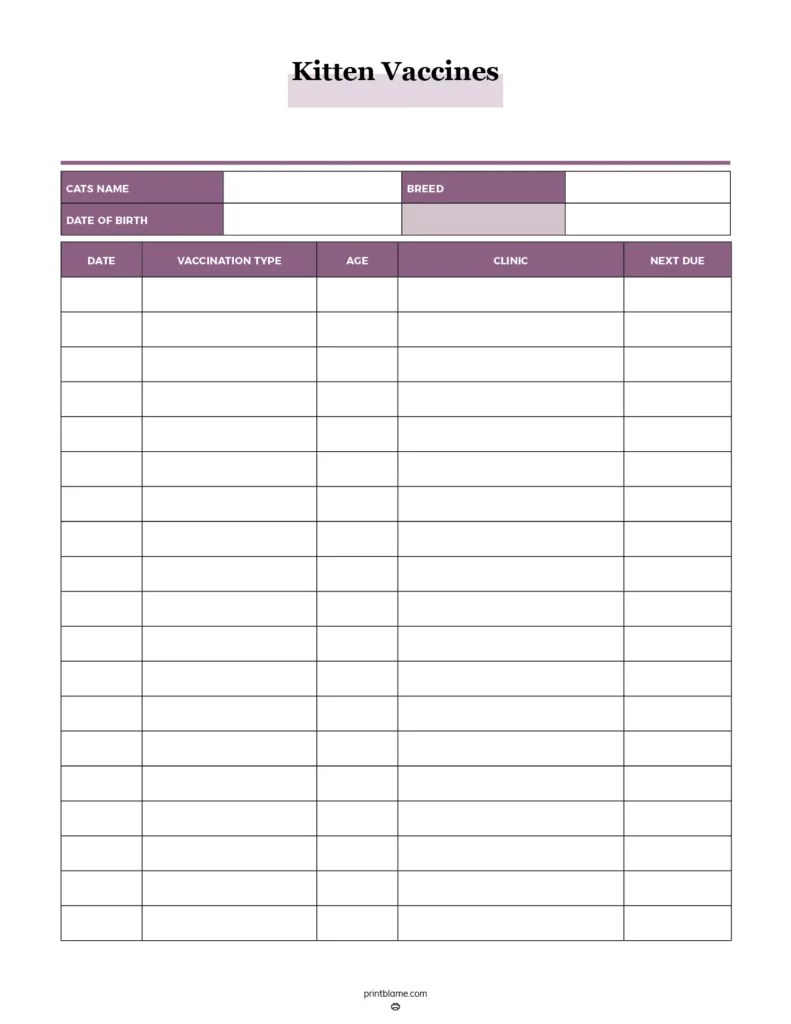 Kitten Vaccination Record FREE Printable 16 Cat Vaccine Logs
